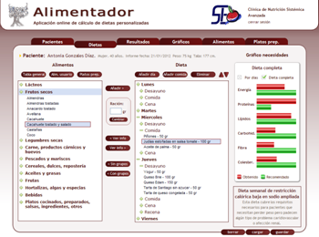 Ejemplo de pgina de cracin y edicin de dietas y clculos dietticos en el Alimentador